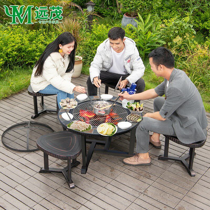 远茂户外烧烤桌庭院烤肉桌子家用木炭桌烧烤台别墅室外铸铝桌椅