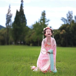 女童汉服唐代宫廷风公主裙秋新款儿童古装国风连衣裙广袖粉色套装