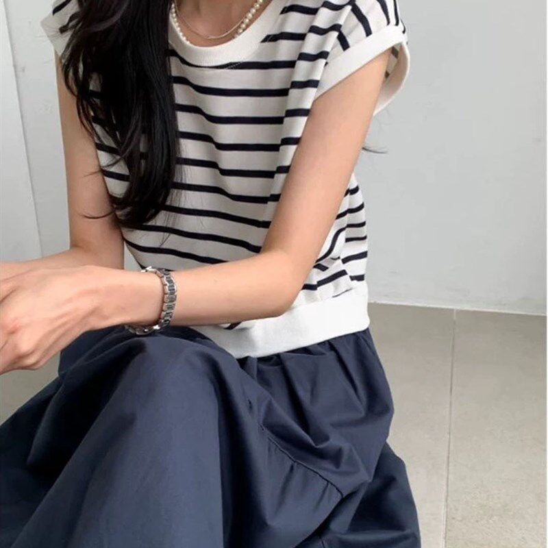 东大门2025夏季新款复古撞色条纹拼接假两件拼色短袖连衣裙长裙子