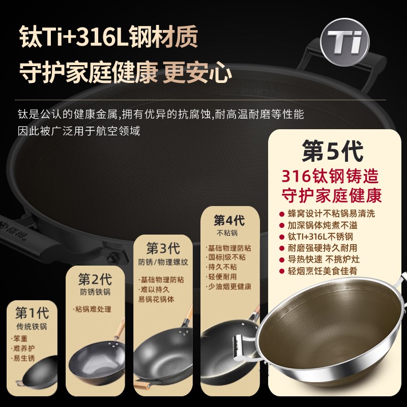 有钛不粘锅炒锅316不锈钢家用钛蜂窝不粘锅炒菜锅大号双耳炖煮锅