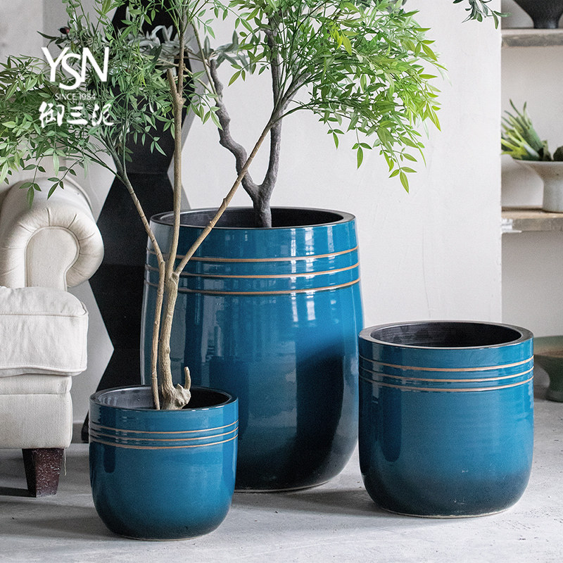 御三泥简约蓝色大型陶瓷落地花瓶创意花盆景观园林装饰插花摆件