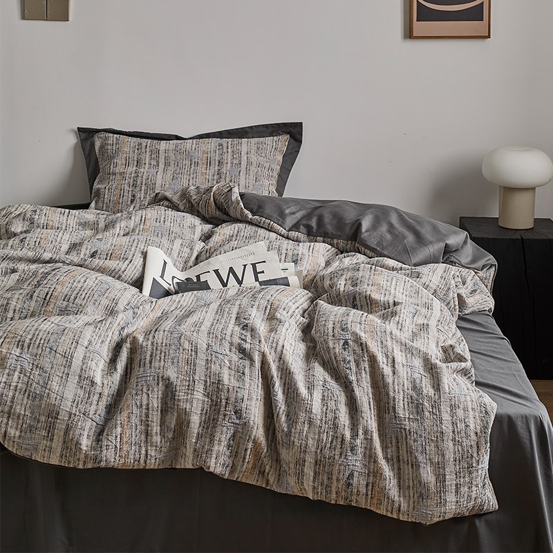 Zijpe~四季款复古色织水洗棉床单被套四件套全棉纯棉床笠式床品