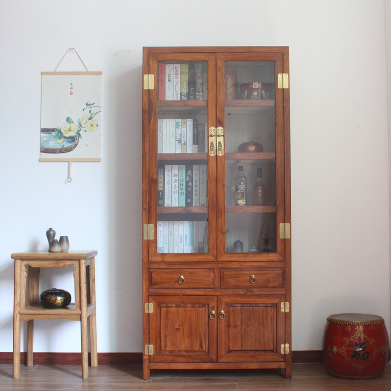 新中式香樟全实木书柜带玻璃门展示单个双门组合书房文件储物橱子