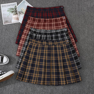 格子百褶裙女春夏短款裙高腰复古格纹a字半身裙秋显瘦百搭短裙裤