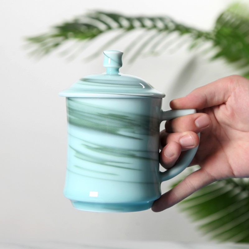 青瓷高档茶杯创意纯手工杯定制带盖陶瓷杯子送领导老板礼品杯