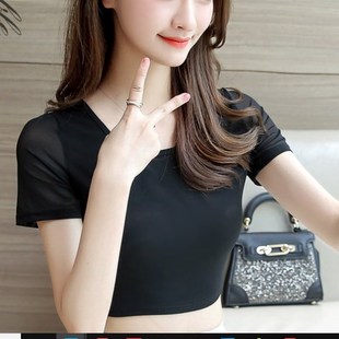 蕾絲網紗打底衫 2023新款 女裝 黑色半截修身 低圓領半身內搭 短袖