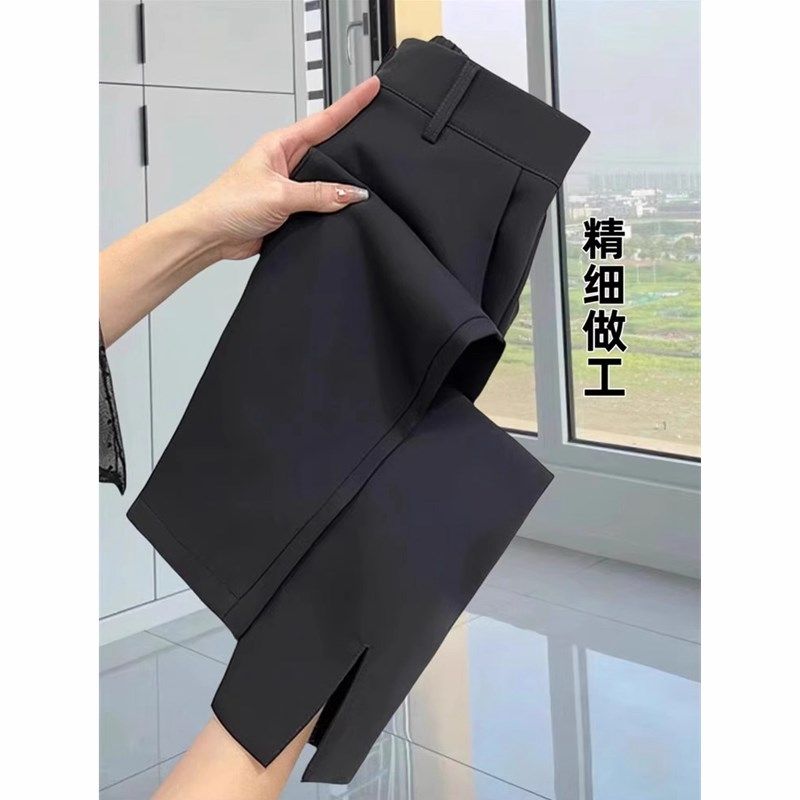 黑色烟管西装裤女夏薄款梨形身材高腰显瘦休闲九分开叉窄版直筒裤,女装/女士精品,大码裤装,淘宝优惠券,粉丝福利购,淘宝优惠卷