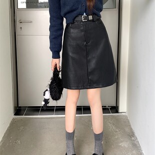 皮裙加长款中裙配腰带遮肚子腿粗A字裙大码百搭高腰显瘦PU半身裙