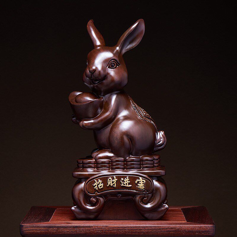 黑檀木雕兔子摆件实木质动物雕塑生肖元宝兔家居客厅装饰祝福送礼