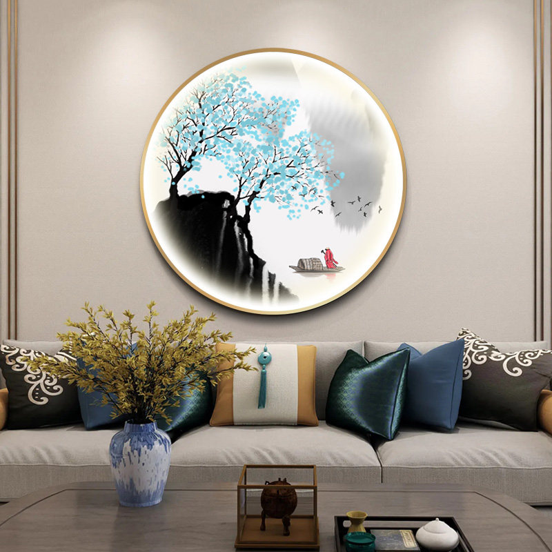 新中式山水带灯装饰画书房茶室客厅走廊玄关壁灯 圆形LED禅意挂画