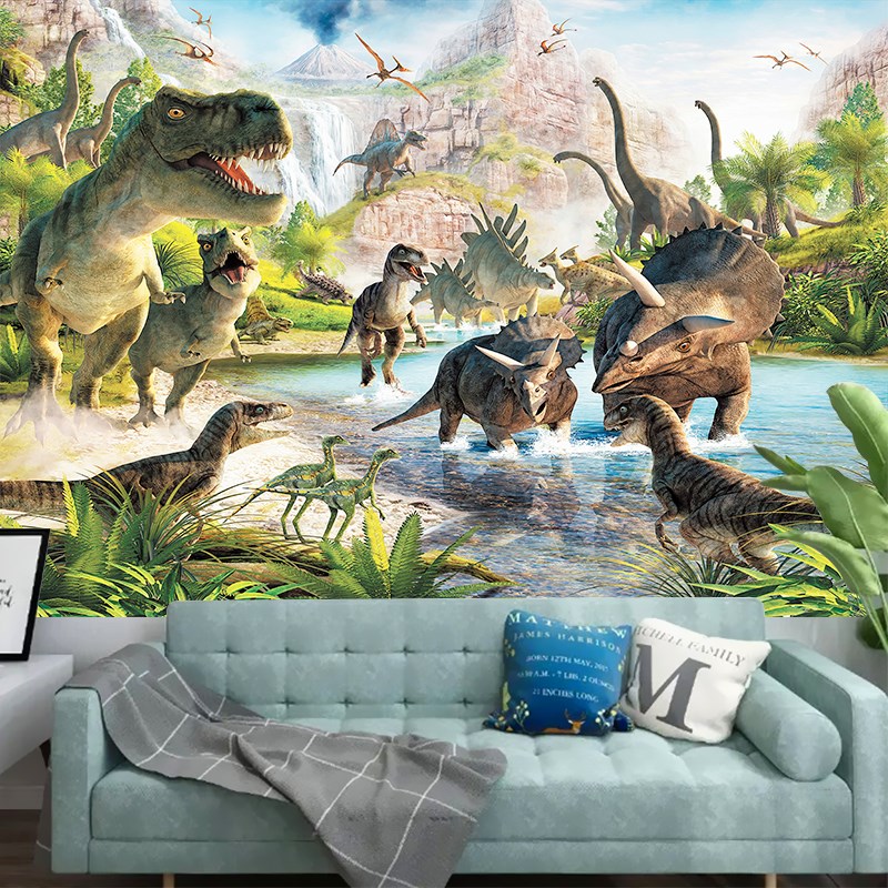 3D立体儿童卧室背景墙壁纸男孩房间装饰墙纸逼真恐龙世界壁画墙纸