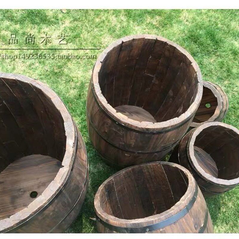 啤酒桶圆形木桶花盆炭化色复古仿古花桶家居摆设实物阳台摆件养花