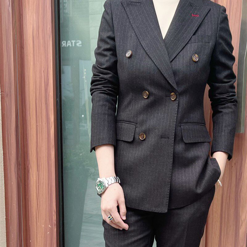 秋冬女士厚款西装套装灰色修身职业工装双排扣两件套定制正装
