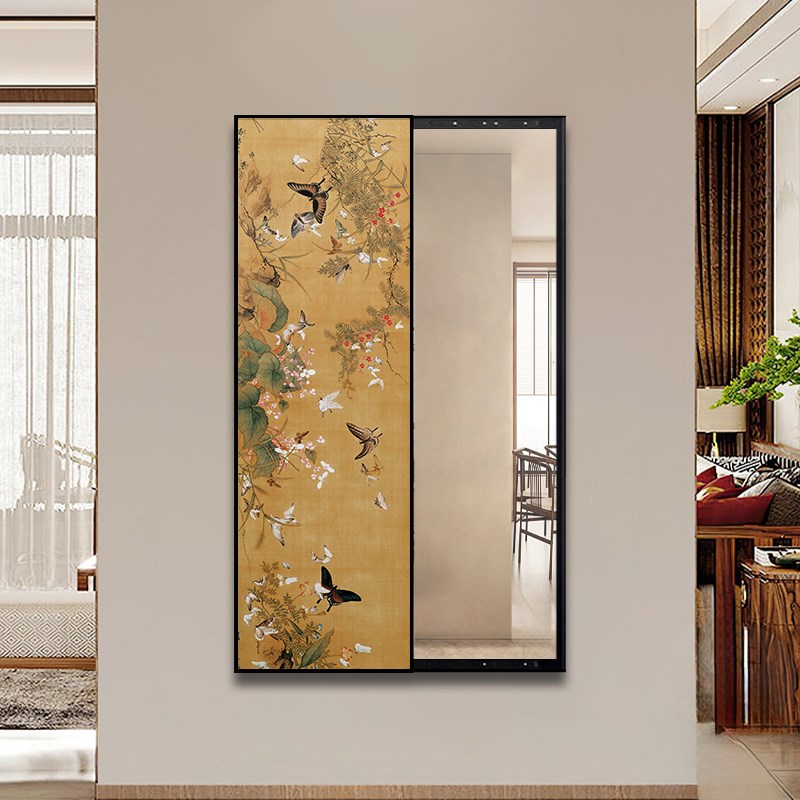 中式玄关镜子画中古风蝴蝶挂画可推拉隐藏式全身镜卧室穿衣镜壁画