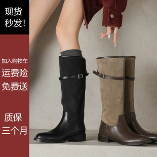翻毛皮长筒靴女中跟粗跟显瘦高筒皮带扣骑士靴牛仔靴2026秋冬新款