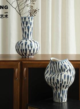 空合 蓝色水墨手绘艺术陶瓷花器 新中式侘寂风博古架民宿茶室摆件