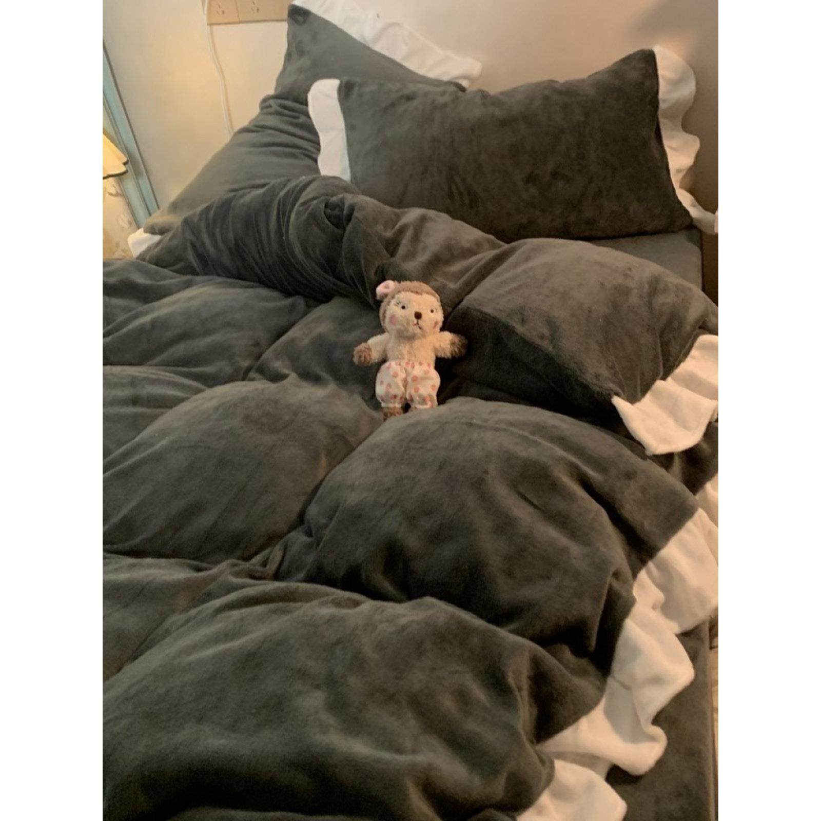 韩式ins荷叶边牛奶绒被罩四件套1.8双人床单被套加厚珊瑚绒三件套,床上用品,床品套件/四件套/多件套,淘宝优惠券,粉丝福利购,淘宝优惠卷