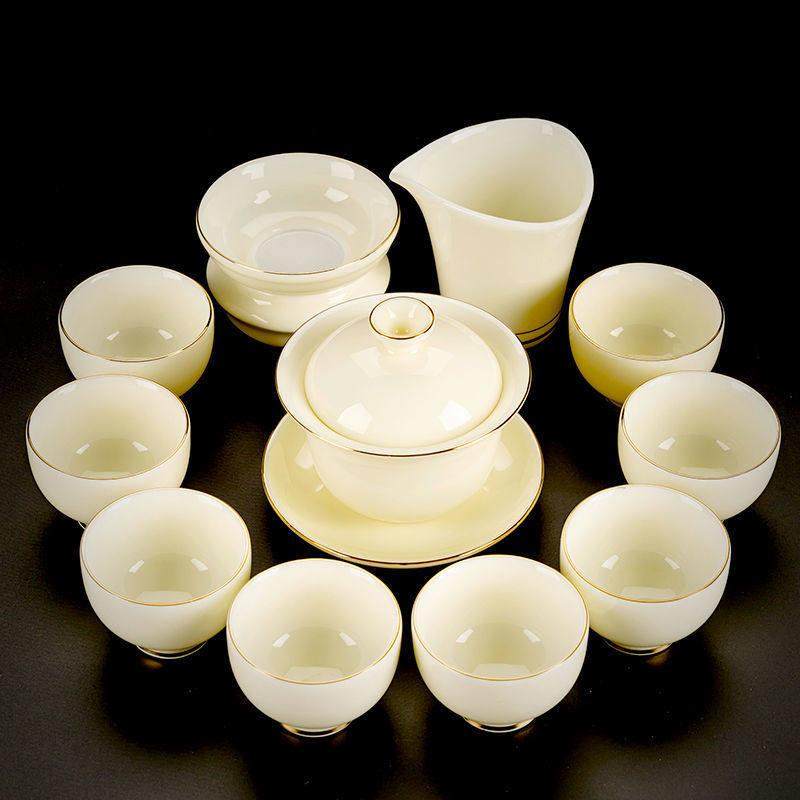 家用新款中式风宝石黄泡茶会客小套盖碗茶杯羊脂玉功夫茶具套装,餐饮具,功夫茶具,淘宝优惠券,粉丝福利购,淘宝优惠卷