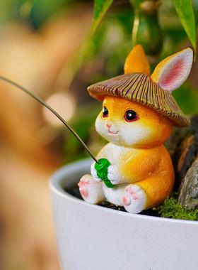 可爱兔子钓鱼玻璃鱼缸乌龟缸水族箱装饰流水鱼池假山花园造景摆件