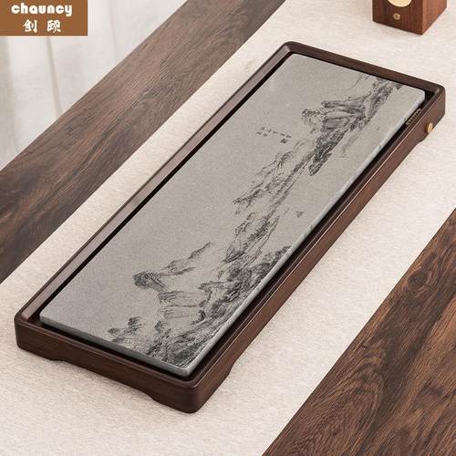 整块天然乌金石重竹茶盘石头茶台简约中式双用干泡台功夫茶具