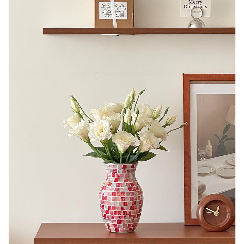 客厅桌面插花装饰摆件马赛克玻璃花瓶桔梗仿真花小众创意中古高级