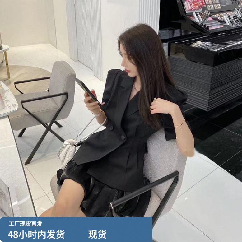 2025套装女2025夏收腰洋气泡泡袖OL韩版高档开叉西服蓬蓬短裙两件