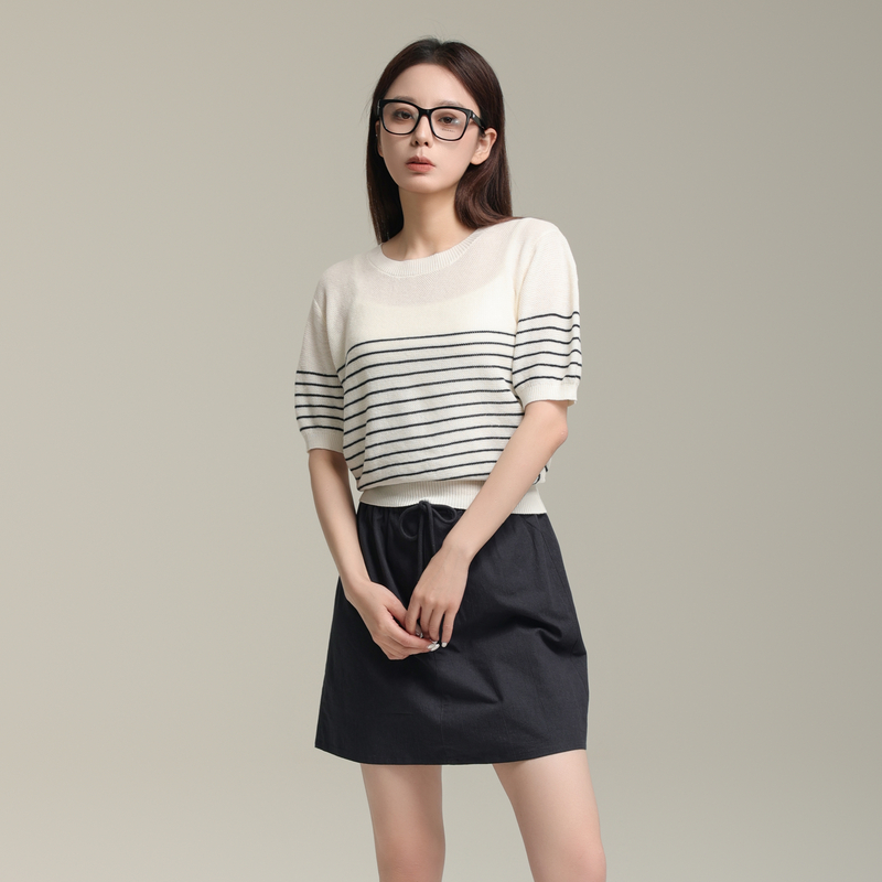 AIRIQI条纹短袖毛衫女夏季法式复古薄款气质短袖上衣AX42MS406