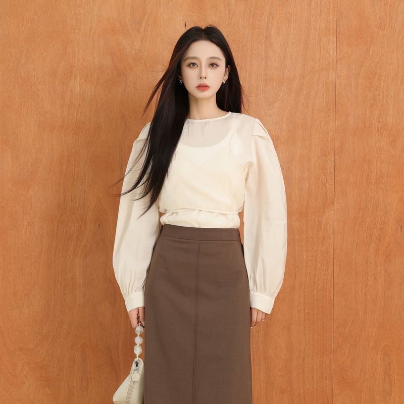 AIRIQI长袖衬衫秋季新款复古泡泡袖高级设计感气质上衣AH41XS128