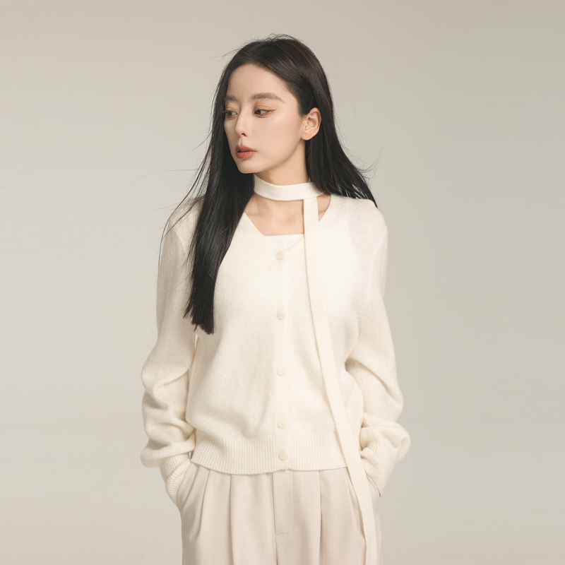 AIRIQI针织开衫秋季新款飘带v领长袖通勤气质毛织上衣AH43KS230