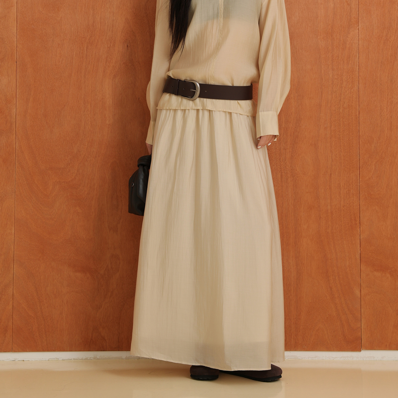 AIRIQI半身裙秋季新款极地高腰褶皱显瘦伞裙a字中长裙AH43BQ057