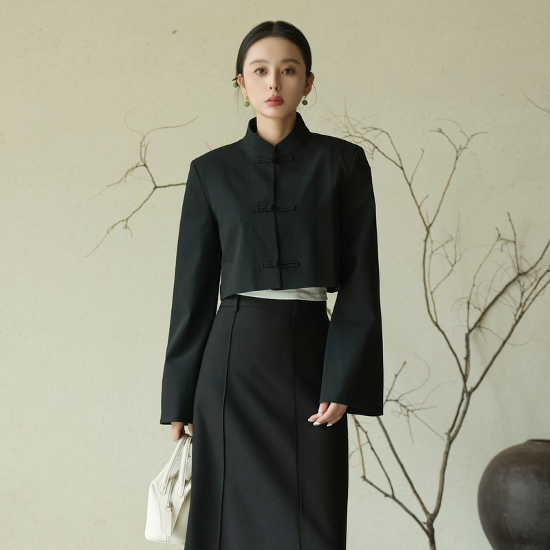 AIRIQI西装外套秋季新款黑色新中式短款高级感西服国风AZ43WT198