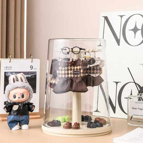 拉布布衣帽架潮玩小公仔衣服鞋子帽子防尘透明收纳盒盲盒展示架