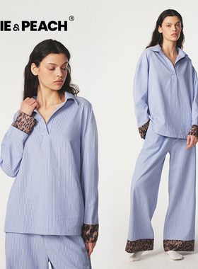 Diana优雅秋日复古条纹蓝衬衣长裤休闲家居服女睡衣秋季新款套装
