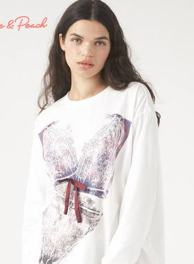 Pixie&Peach Vivienne典雅时尚白蝴蝶结棉针织布长袖春季上衣