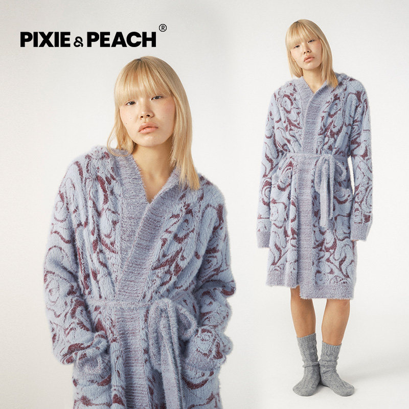 Pixie&Peach Hope蓝色秘境花园提花休闲长款系带浴袍家居服女