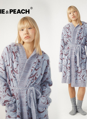 Pixie&Peach Hope蓝色秘境花园提花休闲长款系带浴袍家居服女