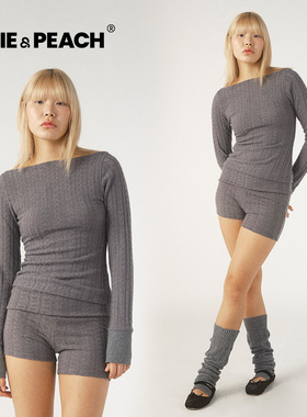 Pixie&Peach Cable英式冷淡风低调灰一字肩毛衣针织布短裤套装