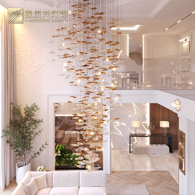 别墅复式楼大挑空客厅吊灯会所酒店大堂创意玻璃叶片楼梯灯长吊灯