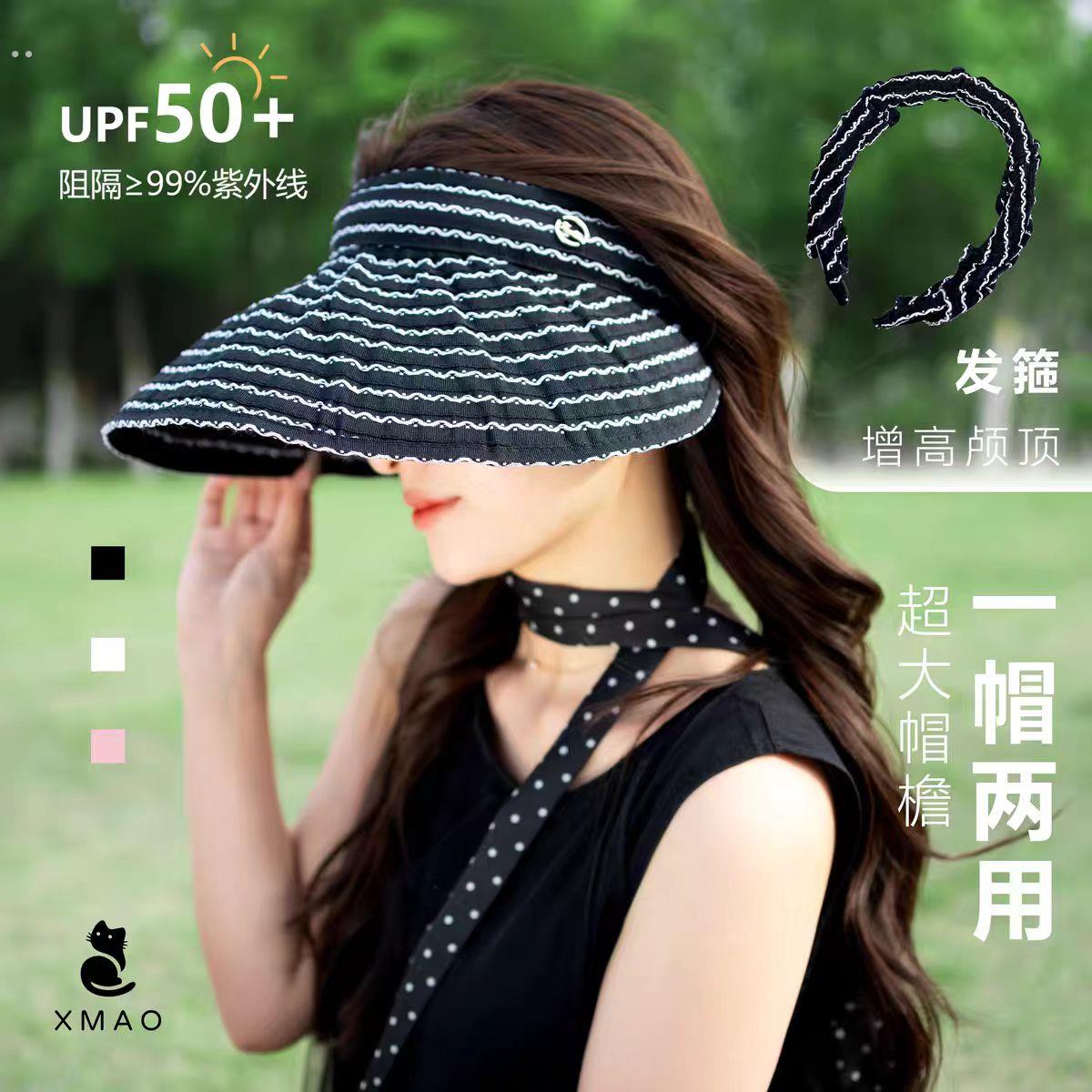日系可折叠发箍条纹空顶帽女新款长防晒帽子时尚盆帽大头围太阳帽