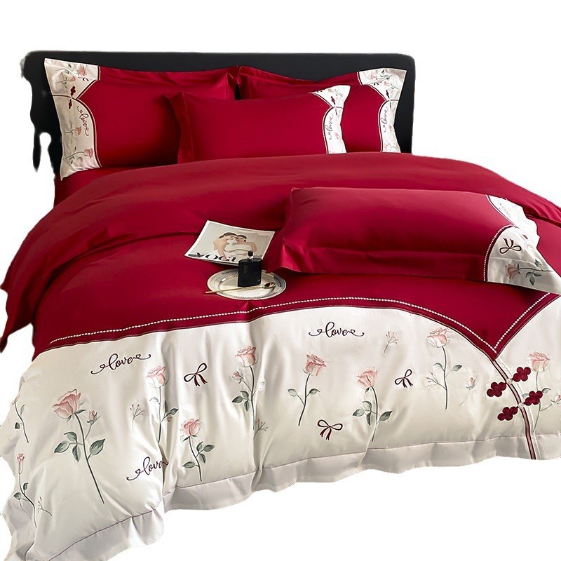 小清新红色结婚床上用品四件套少女心加厚磨毛婚庆新婚被套床单