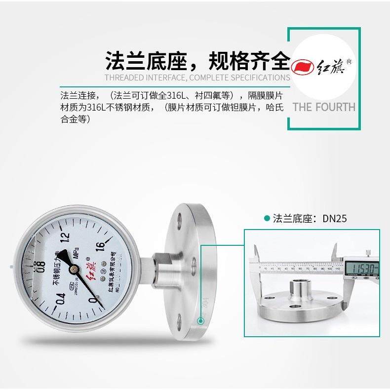 红旗不锈钢隔膜压力表YTP-100BF 螺纹法兰卡盘连接 规格齐全