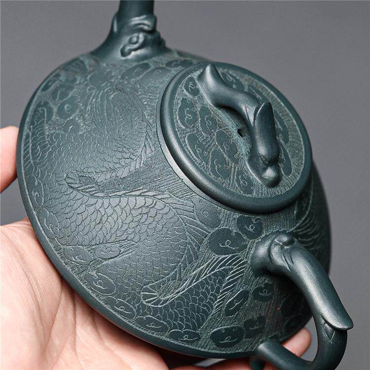 祥龙石瓢 宜兴原矿天青泥手工刻绘紫砂茶具茶壶