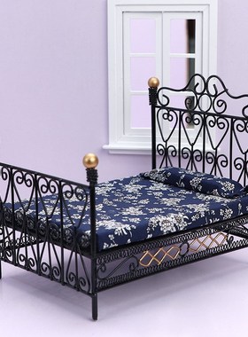 1:12娃娃屋dollhouse迷你家具卧室场景摆件黑色袖珍铁艺双人床