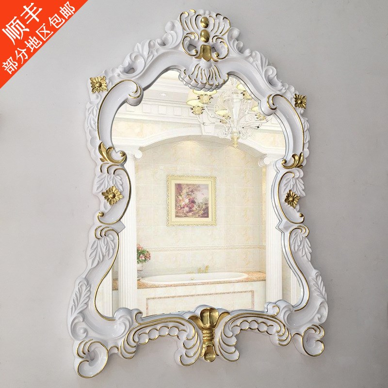 欧式法式复古浴室镜轻奢卫生间壁挂镜子玄关壁炉拱形雕花装饰镜框