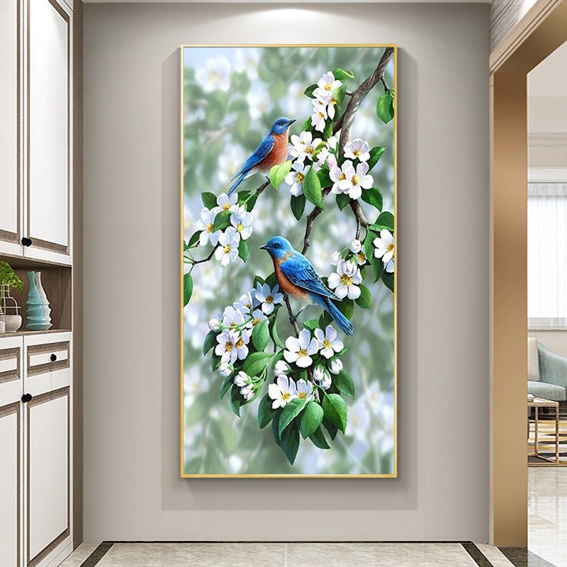 简约现代5d满钻石画玄关花枝上的小鸟点钻十字绣新款客厅植物花卉