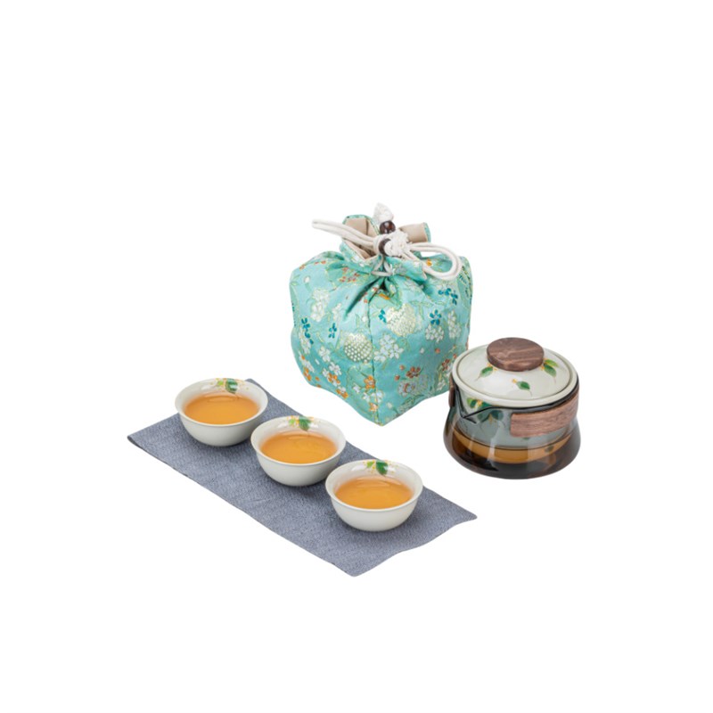 手绘桂花旅行茶具套装户外便携式泡茶装备玻璃快客杯一壶三杯草木