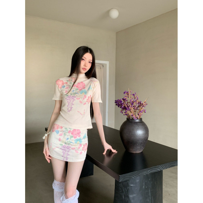 新中式如梦令水彩手绘牡丹花卉针织休闲套装半身短裙上衣2026夏季