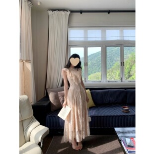 BarbChill易*玲同款 3.5米大摆重工蕾丝连衣裙女夏季五一出游长裙