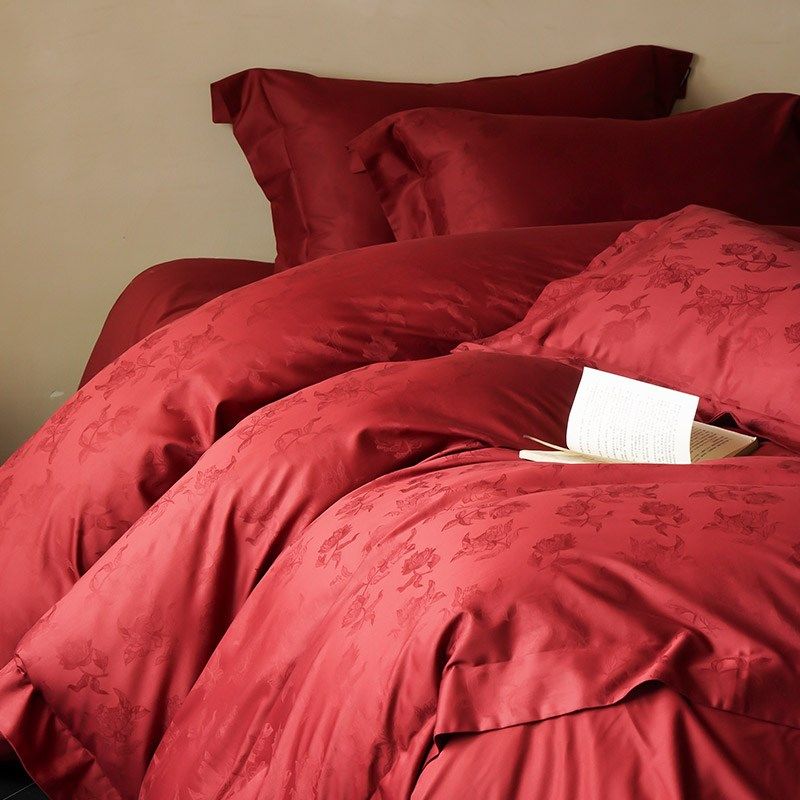 A类中式婚庆全棉磨毛四件套玫瑰提花G加厚秋冬结婚被套床品大红色