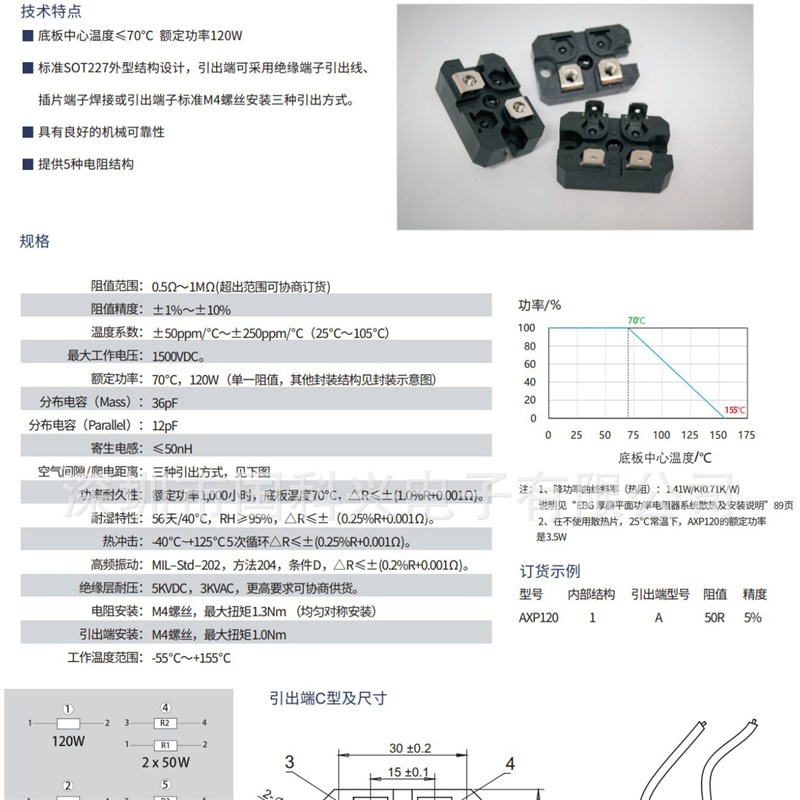 AXP120 平面 厚膜 无感设计 功率电阻  120W  50R   56R  15R